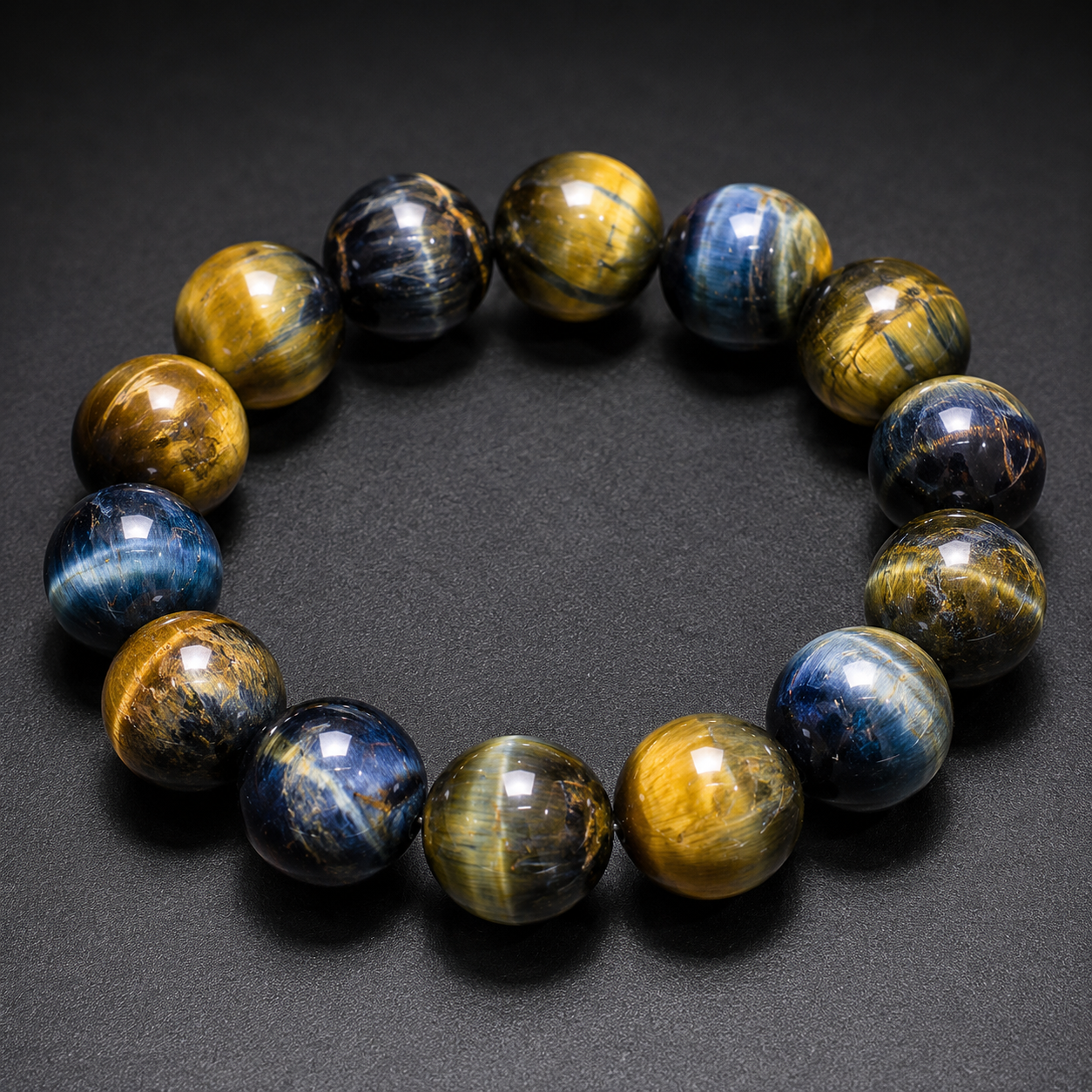 Symbiotic two-color tiger's eye (14mm) single-wrap bracelet, domineering cat's eye pattern.