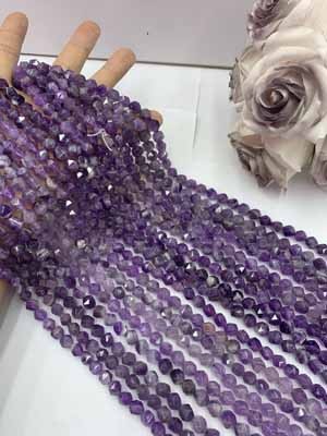 Dog tooth amethyst diamond cut 8mm, 38cm long chain.