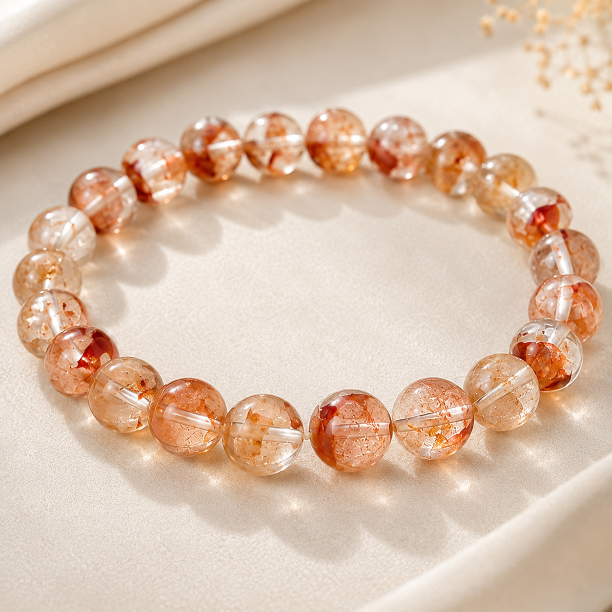 Full-petal orange-red phantom quartz single-strand bracelet, 7mm