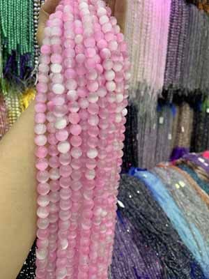 Pink and white two-color gypsum with cat's eye 6mm, 8mm, 10mm, glossy bead semi-finished long chain 38cm.