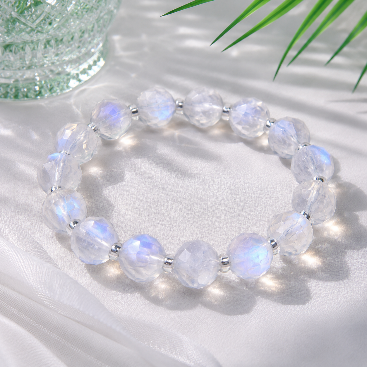 Precision Faceted Blue Moonstone Beads (11.1–11.7mm) Bracelet, Transparent & Sparkling