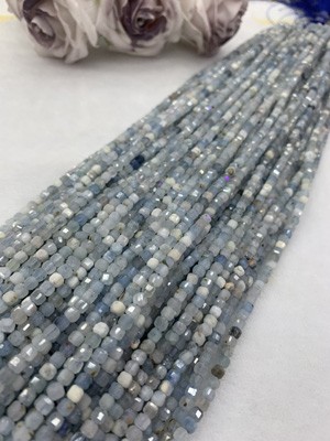 Aquamarine sugar cube 4x4mm, long chain 38cm.