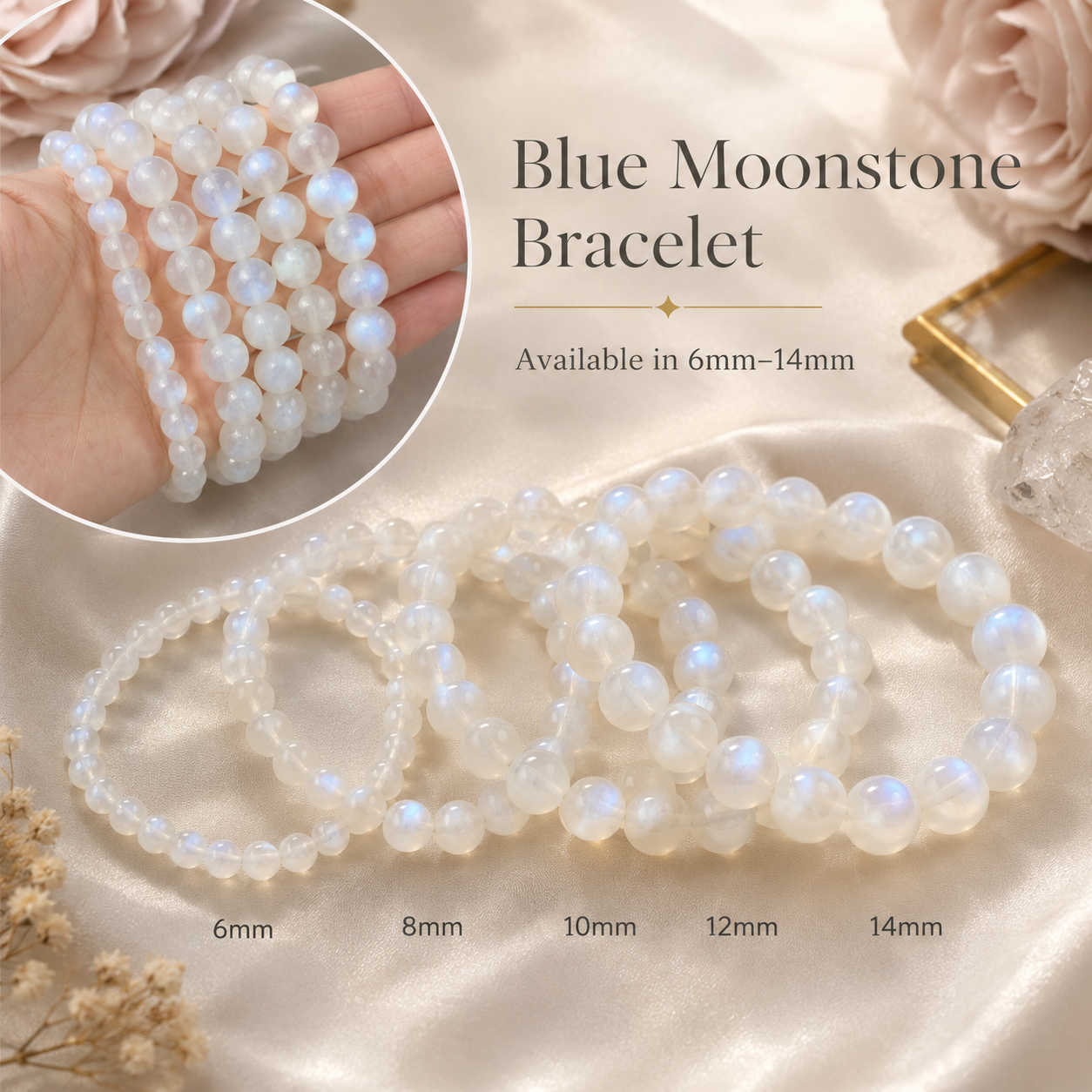 Blue Moonstone Bracelet 6mm–14mm